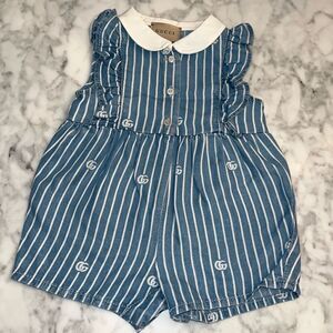 GUCCI BABY GIRL DENIM LOGO ROMPER  3/6M